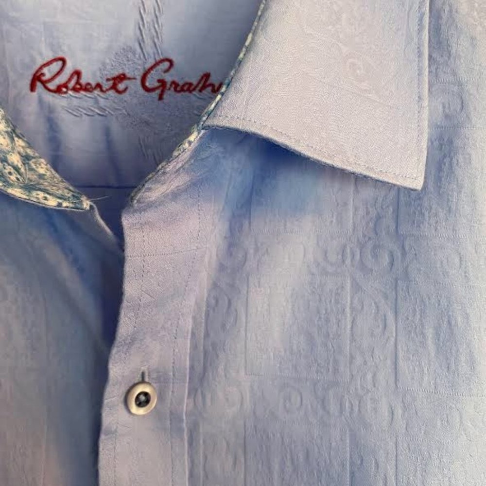 Robert Graham Mens Medium Light Blue Paisley Flip Cuff Shirt Button Down